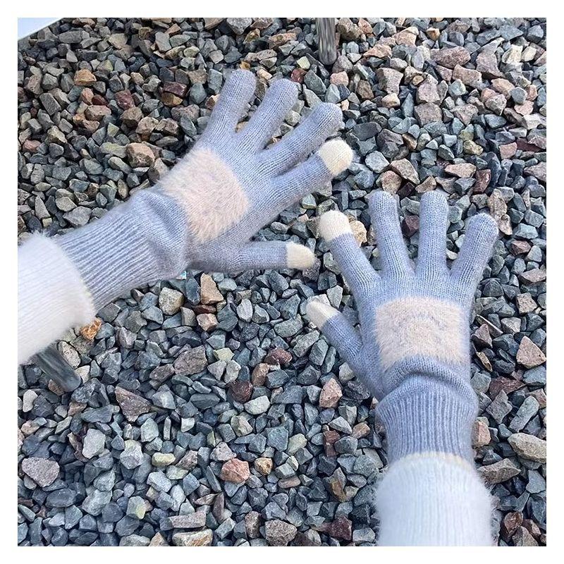 Korean Style Cute Smiling Face Knitted Wool Gloves for Women with Thick Fingers Solid Color Touch Screen Warm and Cold Proof Gloves