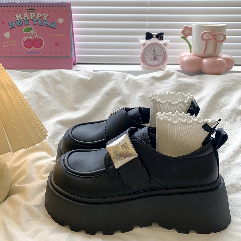 Big Head Velcro Small Leather Shoes Women's 2025 Autumn New Retro British Style Thick Sole Heightening Versatile Loafer Single Shoes