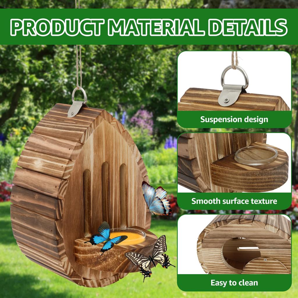 Hanging Wood Bee House Butterfly Feeder with Rope Decorative Bee Nesting Box Multifunctional Moth Habitat for Garden Balcony