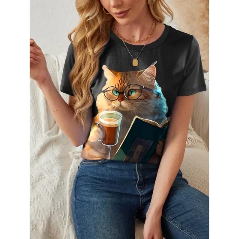 Camiseta de Verano para Mujer, Moda Casual Holgada Talla Grande con Estampado de Gato, Cuello Redondo, Manga Corta, 3D