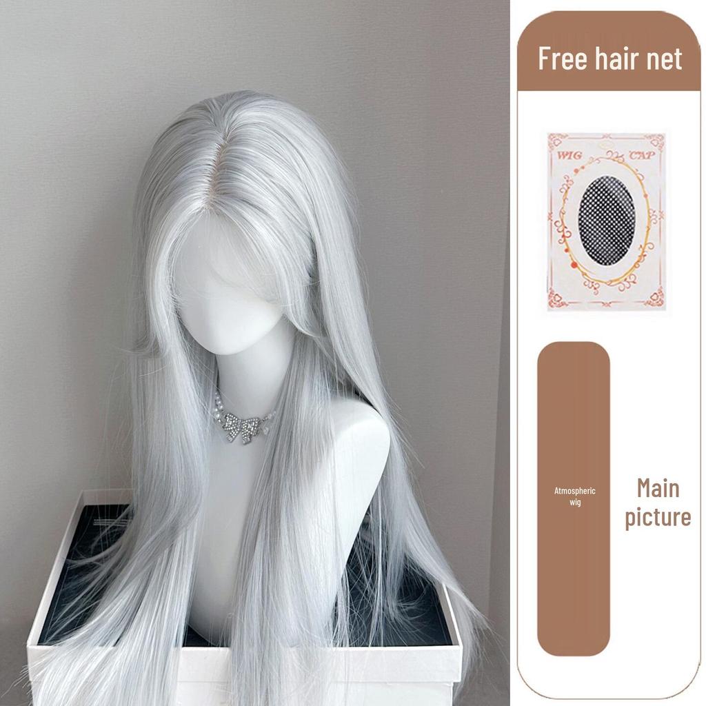 Silberweißes langes Haarteil mit vollständigem Pony