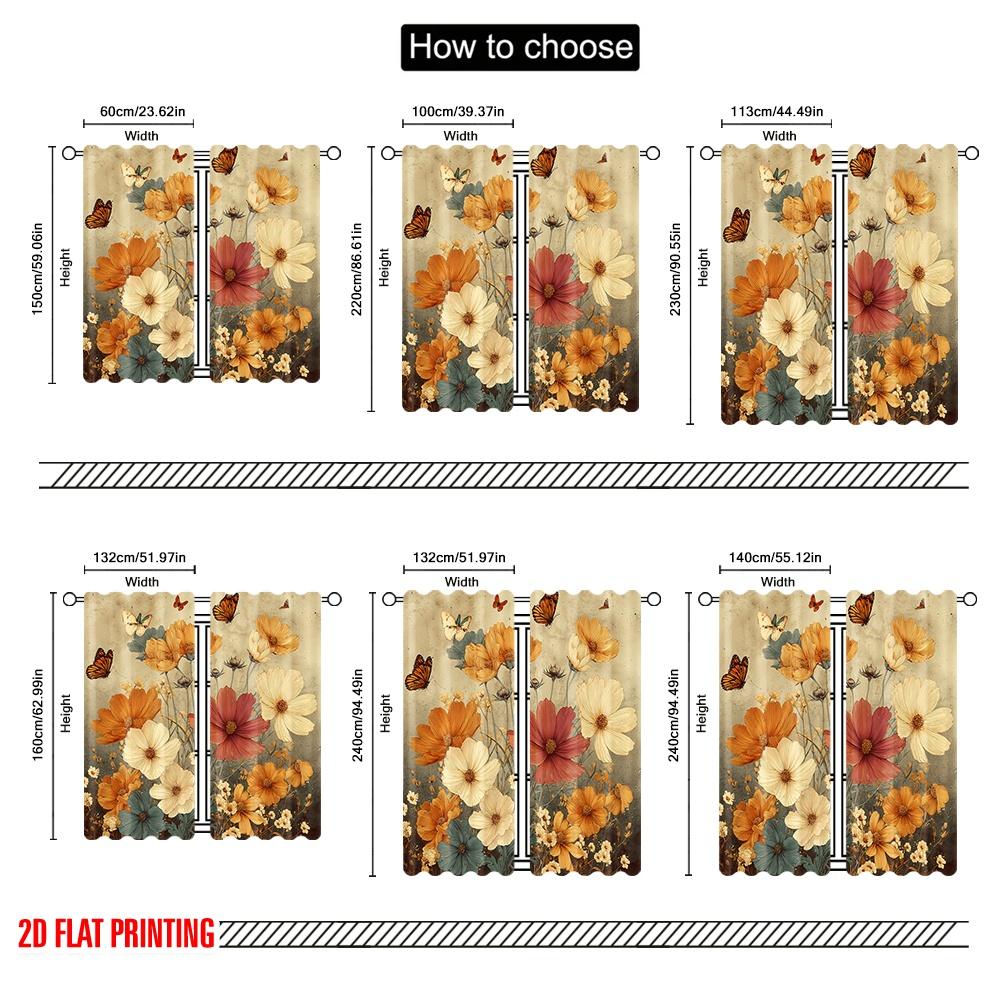2pcs,2D Plane Printing Curtain Popular Butterfly Blooms Polyester Easy Install (without Rod) Holiday Ldeal for Living Room,