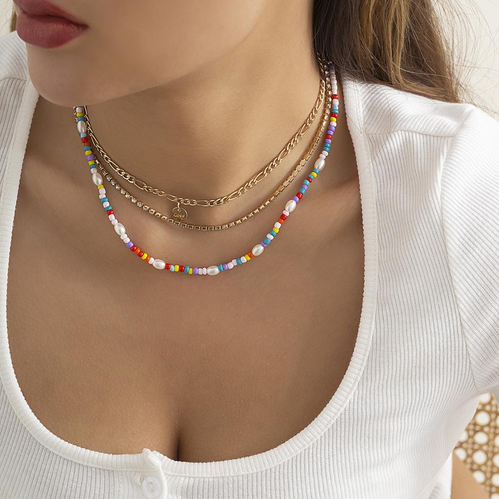 Jewelry, Claw Chain Metal Letter Sequined Item, Ethnic Color Rice Bead Imitation Pearl Multi-Layer Necklace