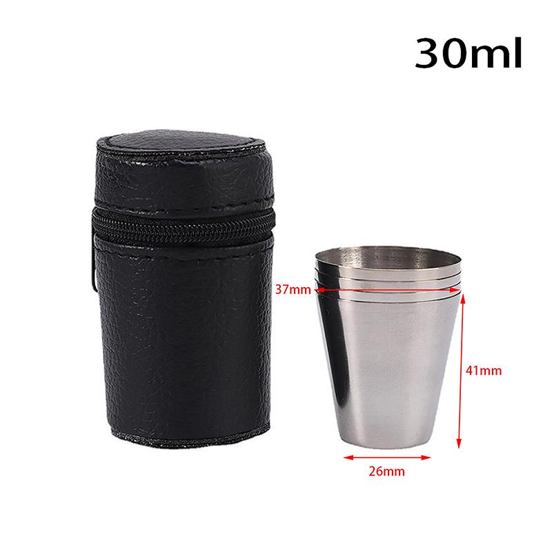 4 Stück Edelstahl-Wasserglas mit schwarzer Leder-Tragetasche für Outdoor-Camping, praktisches Reise-Whiskey-Wein-Glas