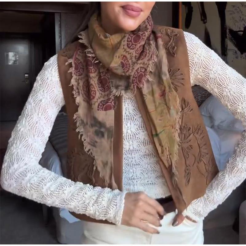 Vintage Solid Color Women Coat Vest Fashion O-neck Sleeveless Embroidery Female Coats 2025 Spring Autumn Urban Lady Streetwear