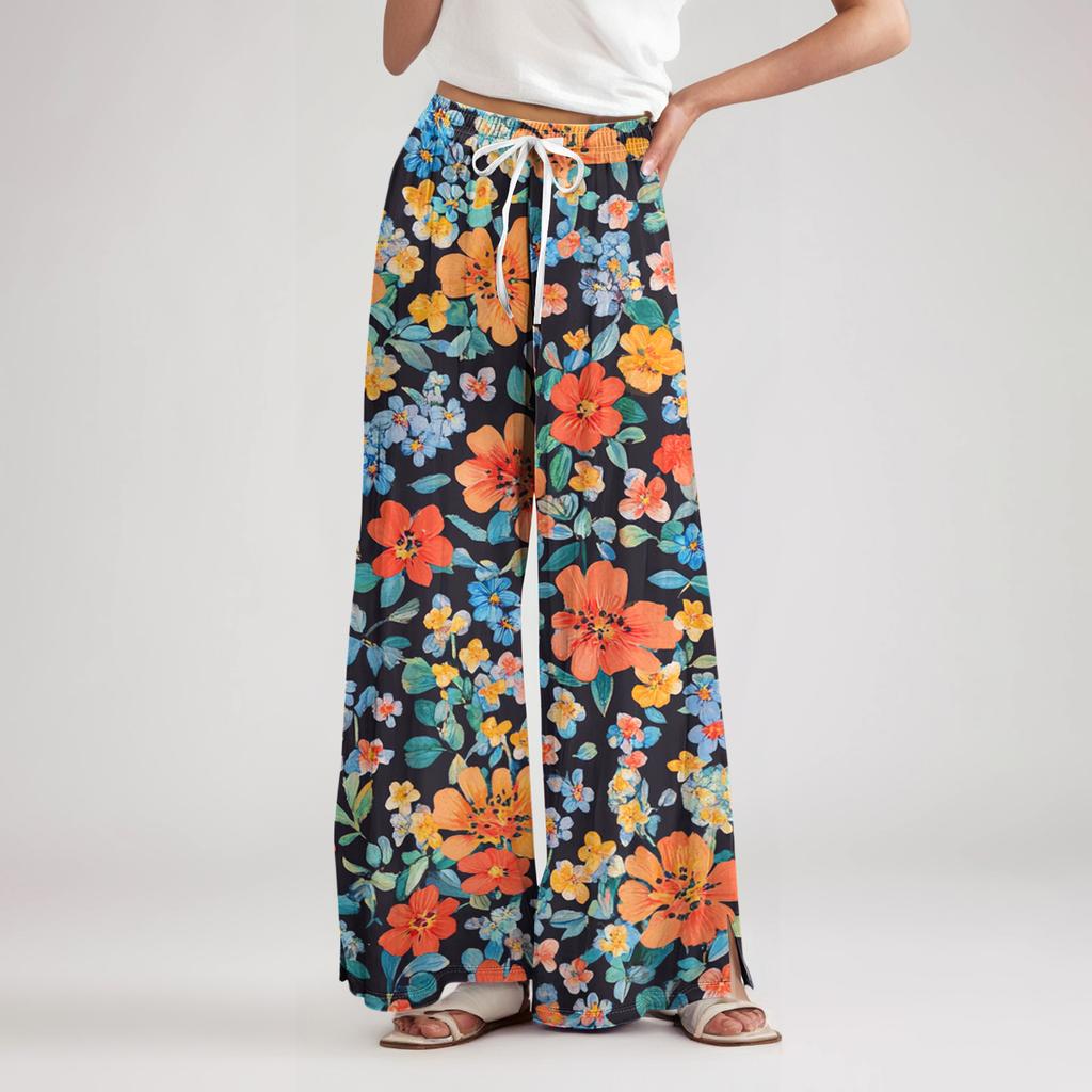 Wide Leg High Waist Floral Print Pants for Women with Drawstring Waistband and Relaxed Fit Lightweight Material for Casual Wear