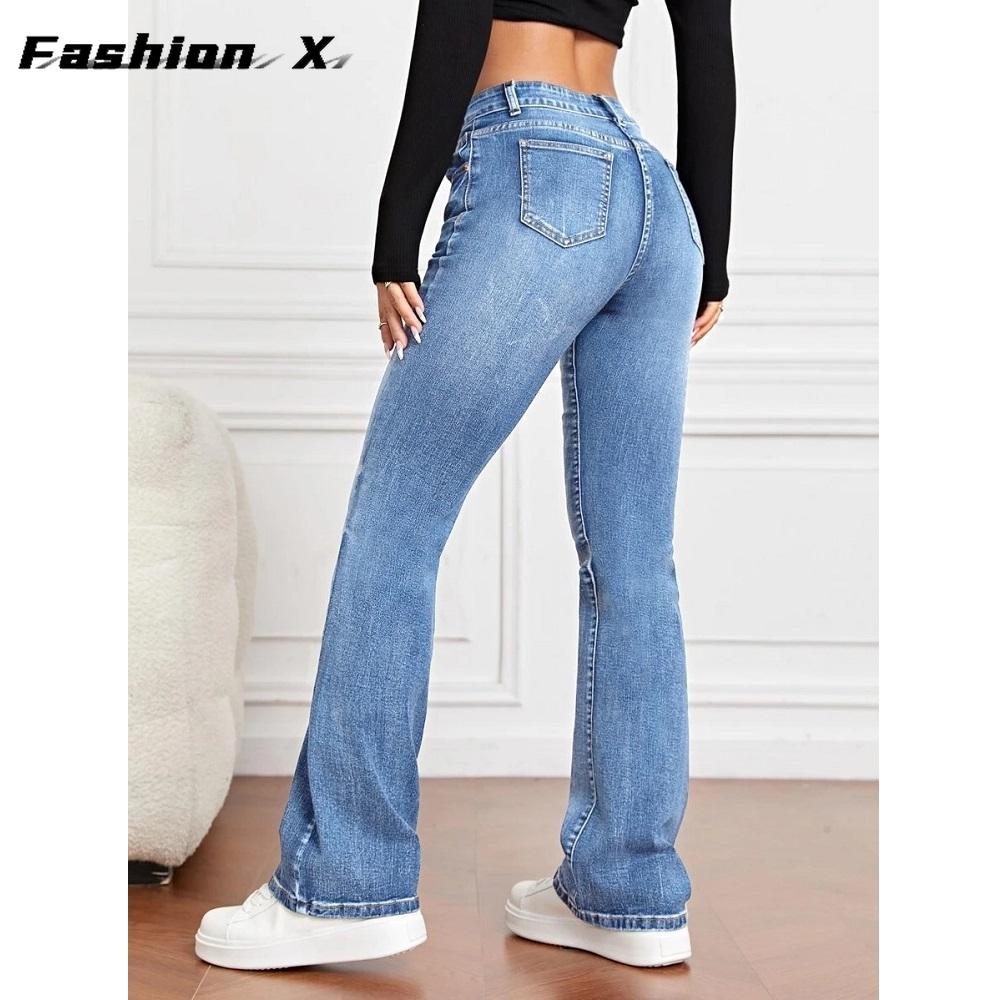 Women's Long Casual Denim Trousers Women's Stretch Jeans Straight Legs