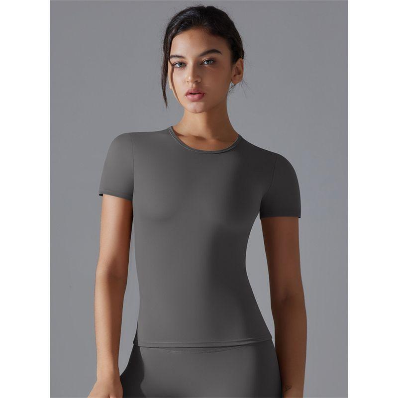 2025 Summer Pure Color Double-Sided Brushed High Elastic Tight Breathable Yoga Clothes Short Sleeve Sports Running Workout T-shirt Women