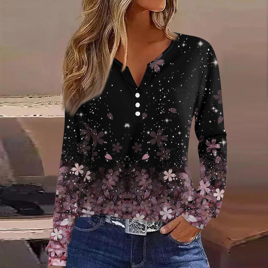 Damen-T-Shirt, T-Shirt, Knopfleiste, langärmelig, für den Alltag, Wochenende, modisch, Basic, V-Ausschnitt, normales Oberteil