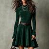 Damen Vintage Halbhoher Kragen Langarm Kurzkleid Hohe Taille Falten Reißverschluss Figurbetonte Kleider