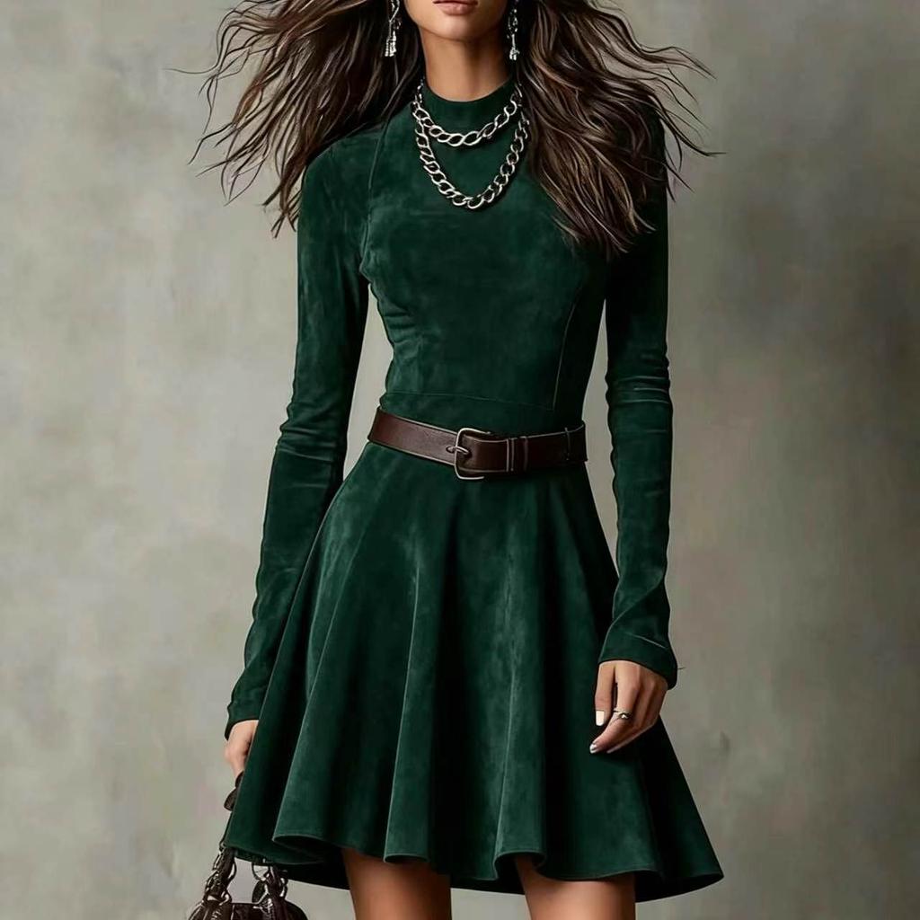 Damen Vintage Halbhoher Kragen Langarm Kurzkleid Hohe Taille Falten Reißverschluss Figurbetonte Kleider