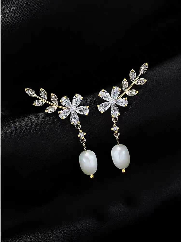 VICAKER Simple Pearl Wreath Zirconia Earrings for 18k Gold Earrings for Earrings Design, Sparkling, Fashionable, Branch-shaped Women, Popular,