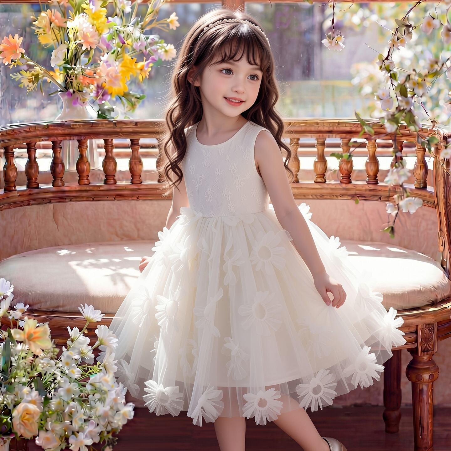 Girls Sleeveless Princess Puffy Dress - Summer 2026 Birthday Mesh Gown 120cm