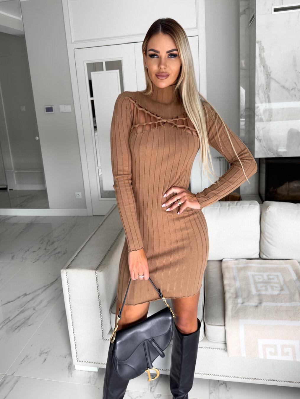 

Sexy Crochet Ribbed Hollow-Out Slimming Dress with High Neck and Long Sleeves M хаки