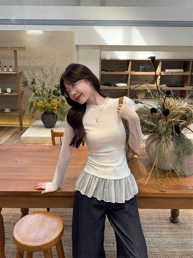 Available Now: Sweet Mesh Patchwork Two-Piece Layered T-shirt - 2025 Korean Style, High Neck, Long Sleeve, Base Layer.