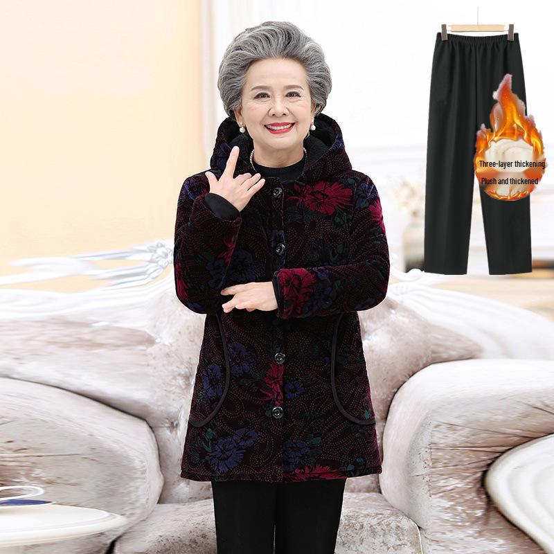 Elderly Women's Cotton-Padded Winter Jacket - Thickened Velvet Coat for 70-Year-Olds