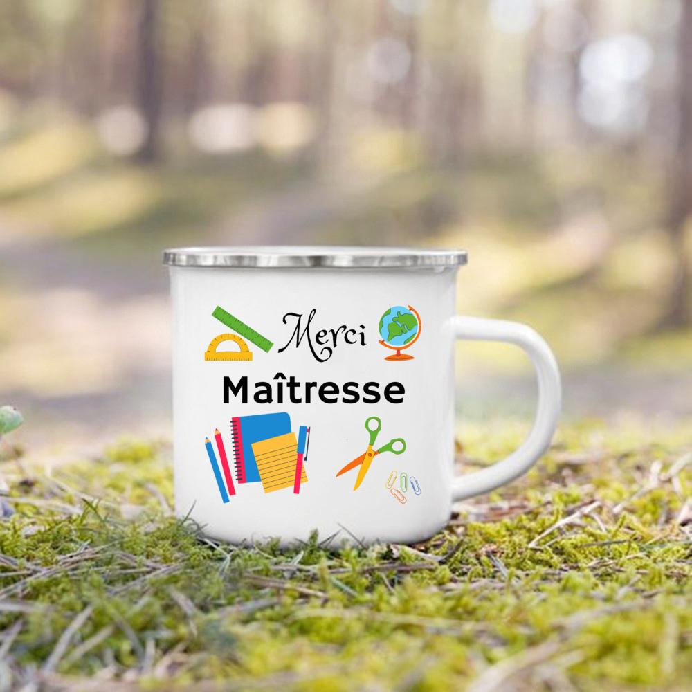 Merci Maitresse French Print Enamel Mug Drinks Dessert Milk Cup Creative Coffee Cups Vintage Handle Drinkware Gift for Teacher