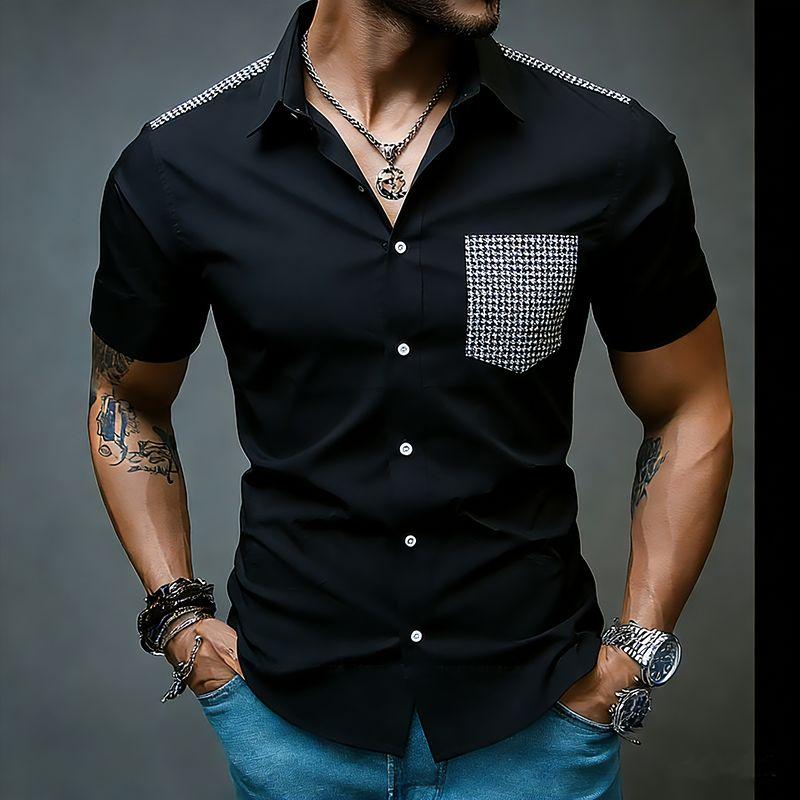 

Summer Men s Houndstooth Patchwork Pocket Short Sleeve Shirt Casual Daily Basic Shirts Fashion Contrast Color Office Work Tops S