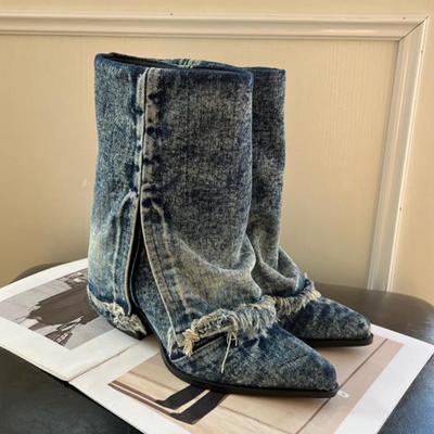 Fashion Desigenr Pointed Toe Mid Calf Chelsea Boots Women Mid Heels Cowboy Chunky Shoes 2024 Autumn Trend New Gladiator Pumps Lady Shoes