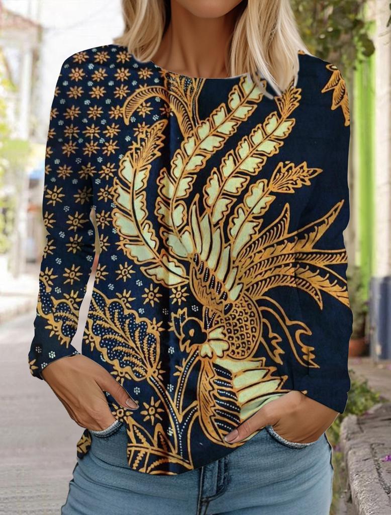 2024 Women's Hawaiian Style Retro Fashion Tops Long Sleeve Round Neck Pullover Casual Long Sleeve T-shirt Designer New