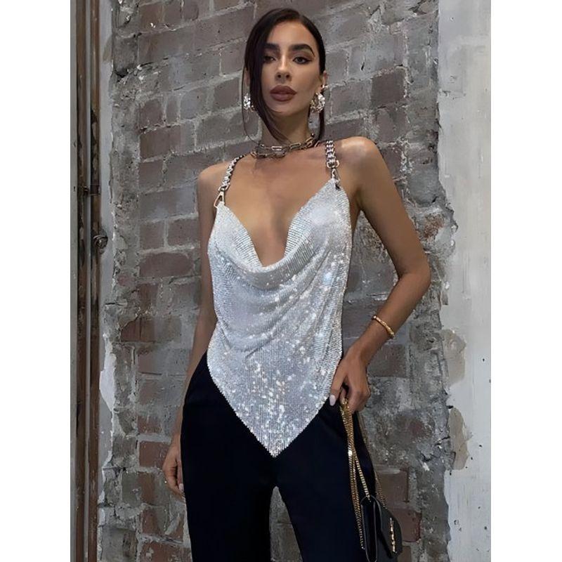 Sexy Irregular Vest Spring Women's Metal Rhinestone Tops Sexy Asymmetrical Vest Chain Sling