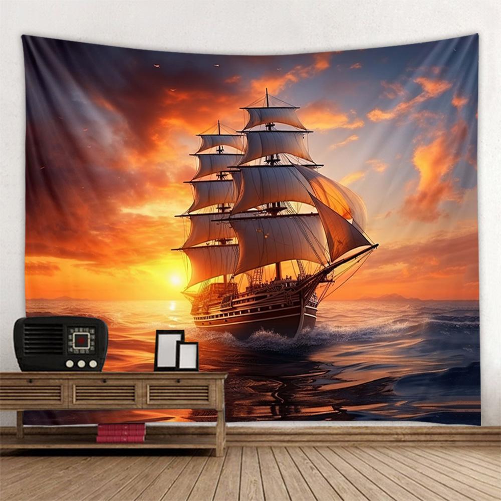 Ozean Ölgemälde Wandteppich Retro Piratenschiff Wandbehang, Hippie Heimdekoration Wandbild, Wohnzimmer und Schlafzimmer Kunstdekoration