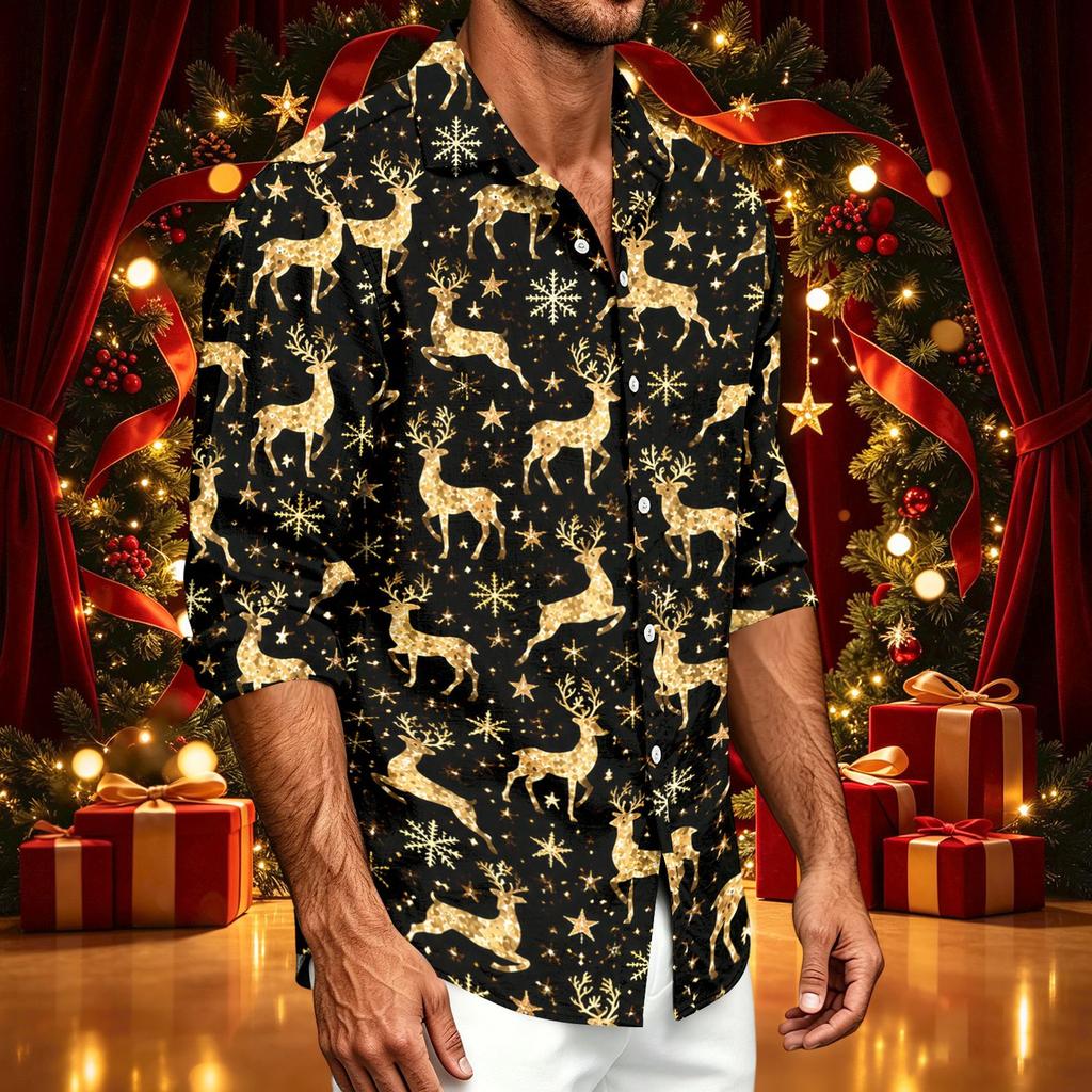 Men's Spring and Fall Casual Long Sleeve Shirt with Christmas Print for Holiday Wear