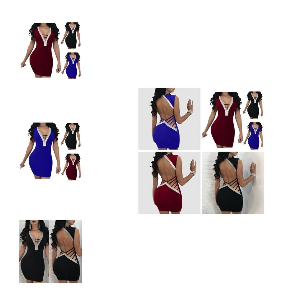 Stunning Women Sexy Deep V Rhinestone Backless Mini Dress For Special Events