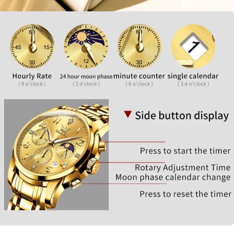 OLEVS Mulitifunction Quartz Watch for Men Original Stainless Steel Waterproof Luminous Chronograph Moon Phase Man Watch