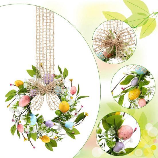 Small Easter Egg Wreath for Front Door Artificial Spring Colorful Eggs Wreath Farmhouse Hanging Kitchen Cabinet Wreath with Ribbon