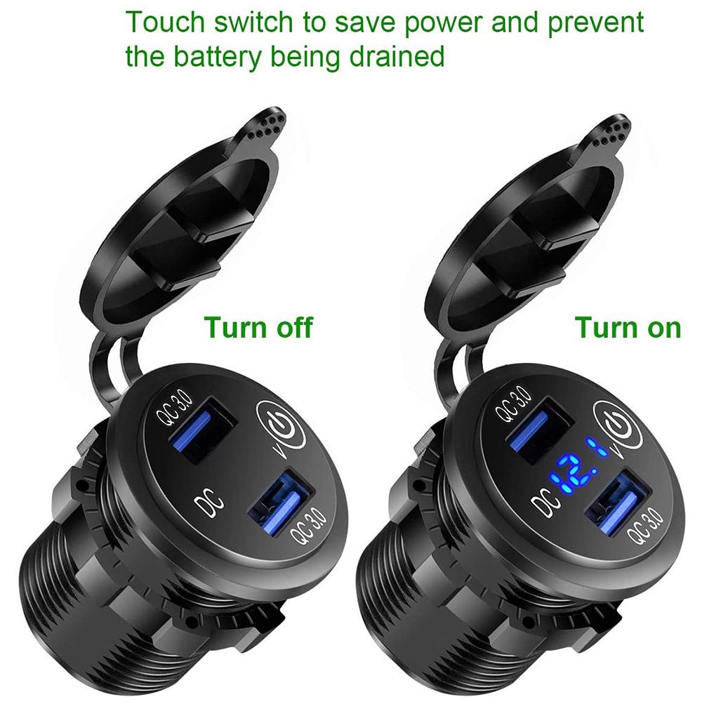 Waterproof Quick Charger QC3.0 Dual USB Car Charger with Switch Button LED Voltage Display for 12V/24V Cars Boats Motorcycle
