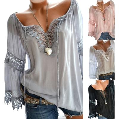 Autumn Elegant Hollow Lace Stitching Solid Color Women Long Sleeve Shirt Top