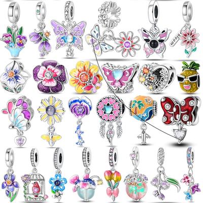 Copper Romantic Lover In Spring Charm Beads Colorful Flower Butterfly Dangle Original Accessories Bracelets Diy Jewelry Gift