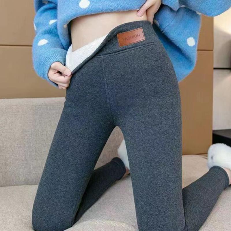 Thickened Fleece-lined Solid Color Lamb Wool Leggings for Women, High Waist, Tight-fitting, Warm Pants, Yoga Pants for Autumn and Winter.