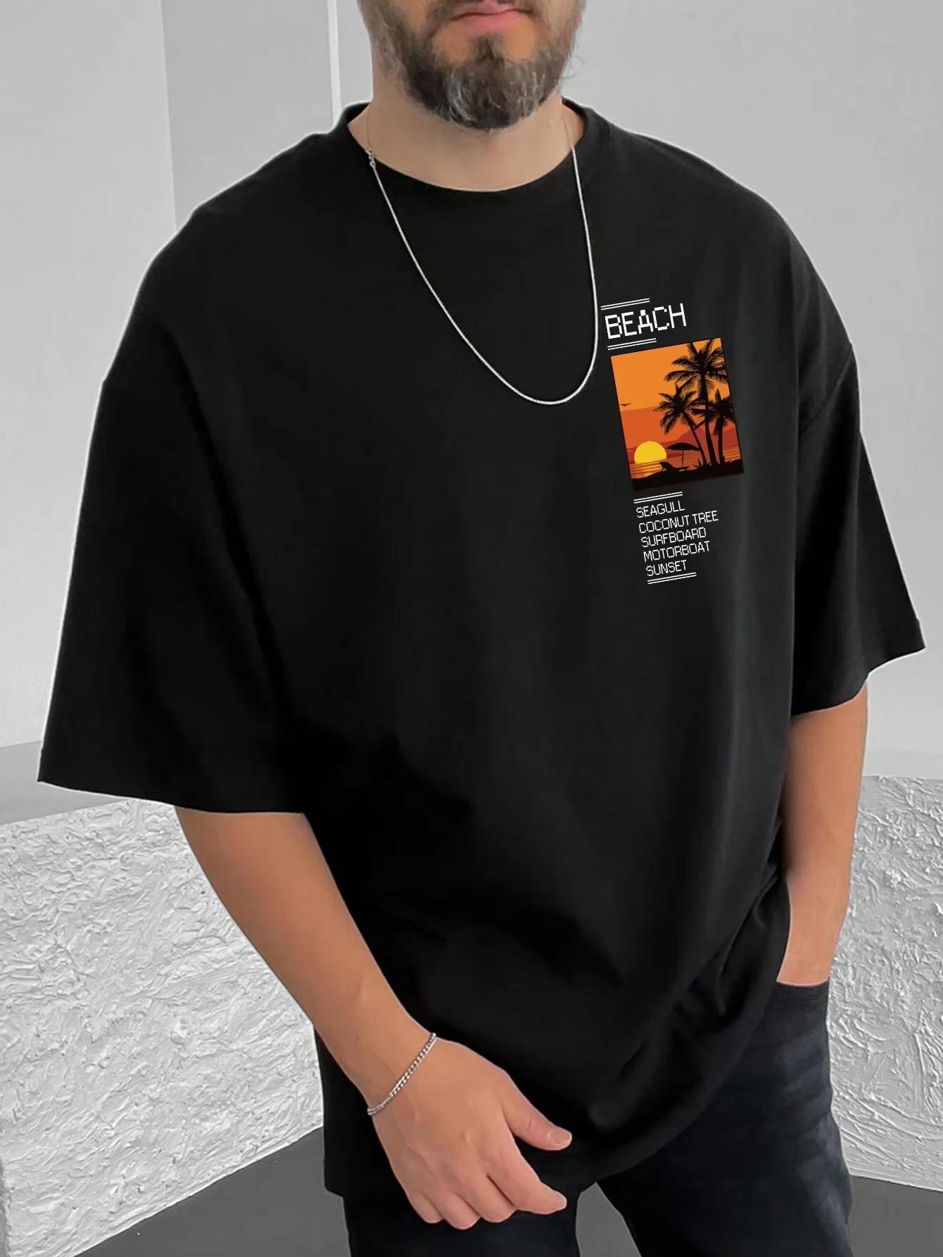 

Men s 100% Pure Cotton Summer Loose Coconut Tree Print Casual Sports Round Neck Short Sleeved Holiday Street T-shirt 4XL