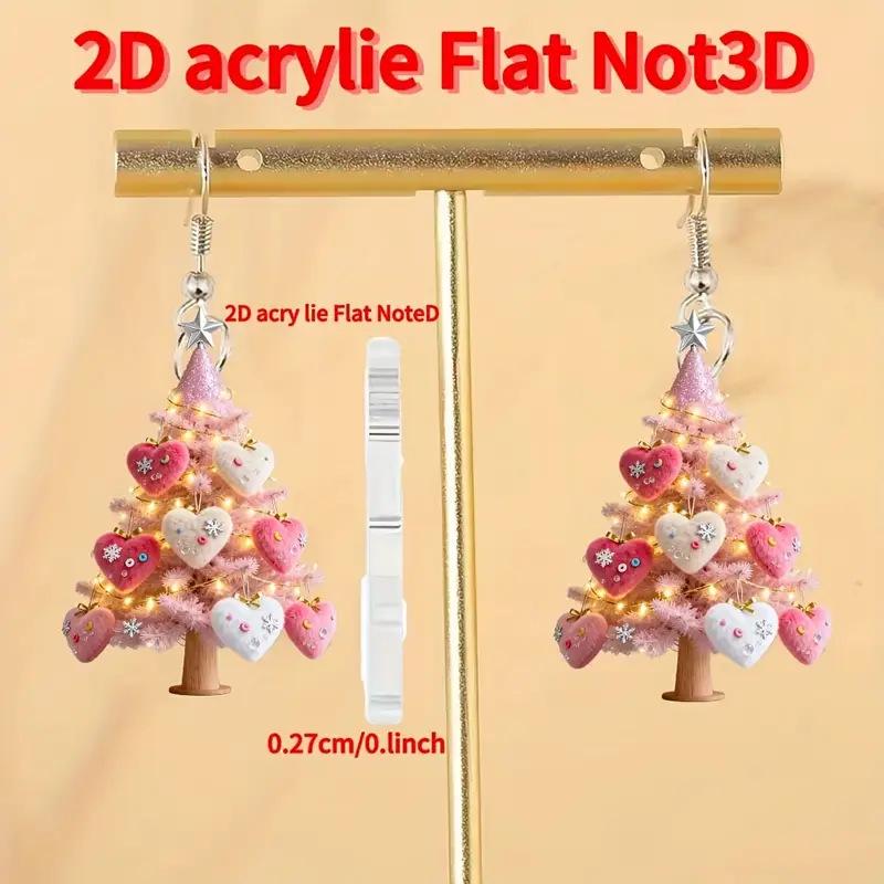 Pink Heart Christmas Tree Doll Earrings - Acrylic Holiday Decoration