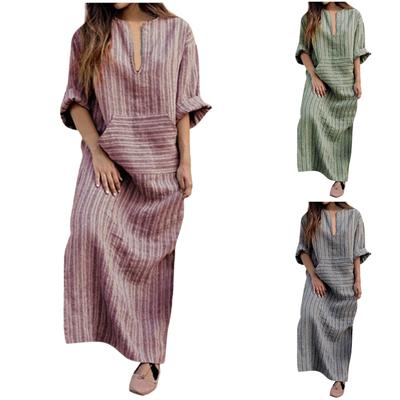 Women's Fashion Casual Temperament V-neck Spring And Summer New Large Size Women's Cotton And Hemp Pocket Loose Long Dress