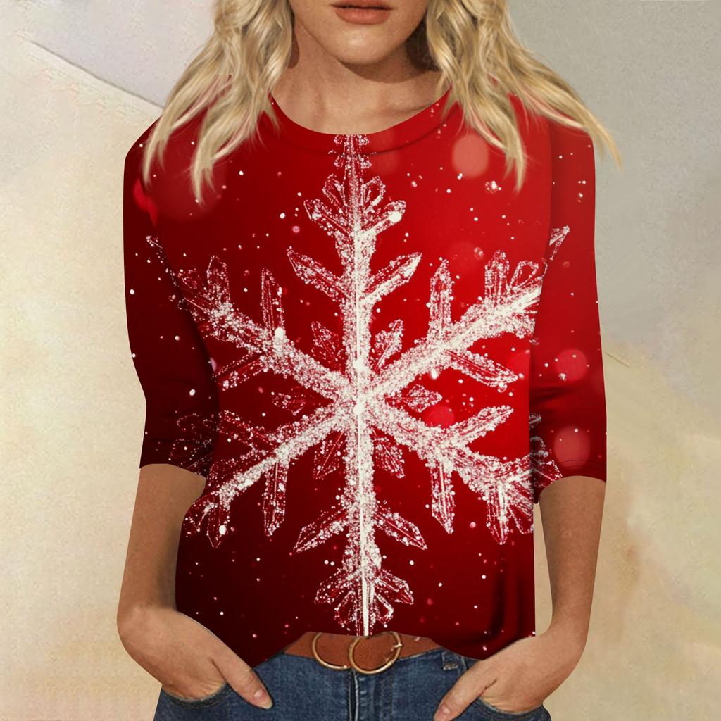 Damenmode, lässiges Oberteil mit sieben Ärmeln und Weihnachtsdruck, Rundhalsausschnitt