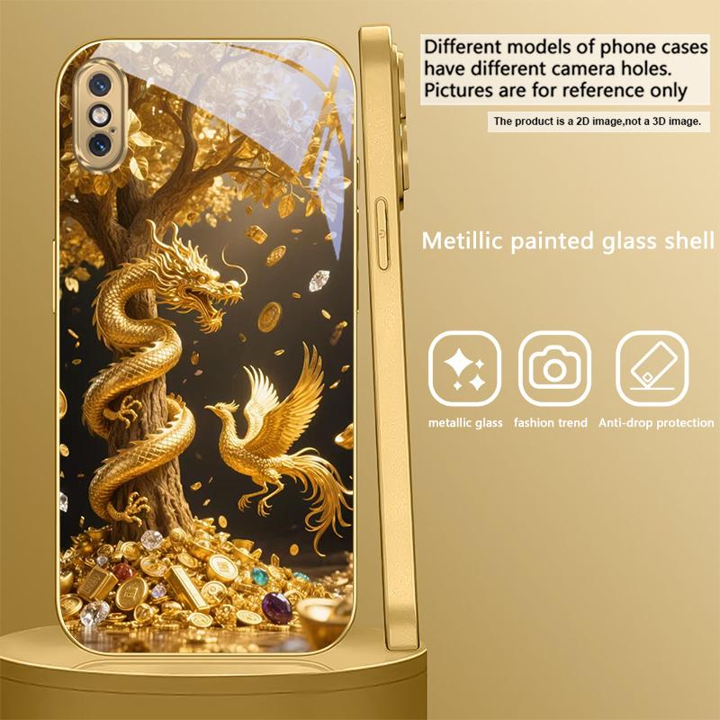 Golden Dragon Coiling For IPhone 17Pro Max 16 17 Pro 15 Pro 14 13 Plus 12 Mini 11Pro Max XR 16E 17 Air Golden glass phone case