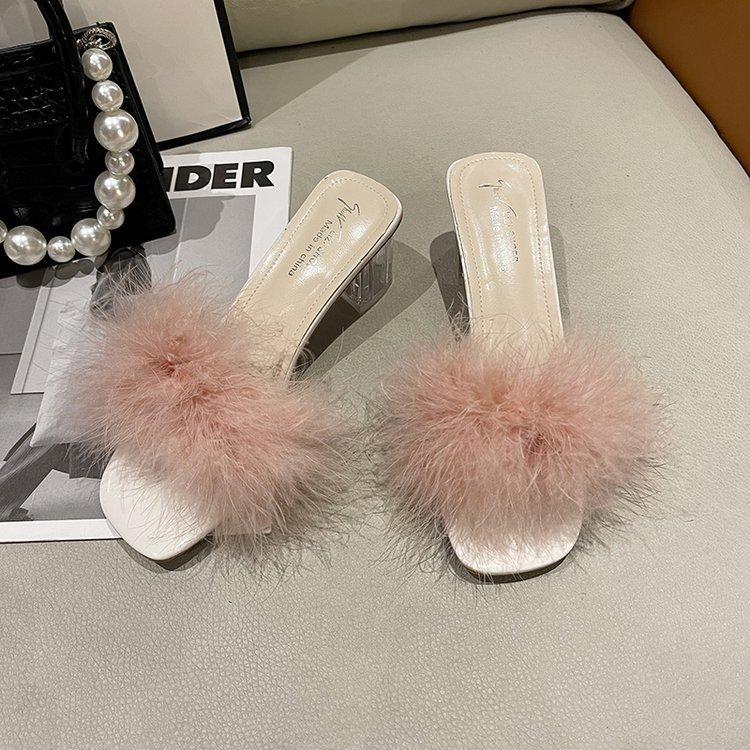 [Youshilai] 2025 Summer New Crystal and Transparent Cool Slippers Women's Fluffy Slippers Simple and Generous