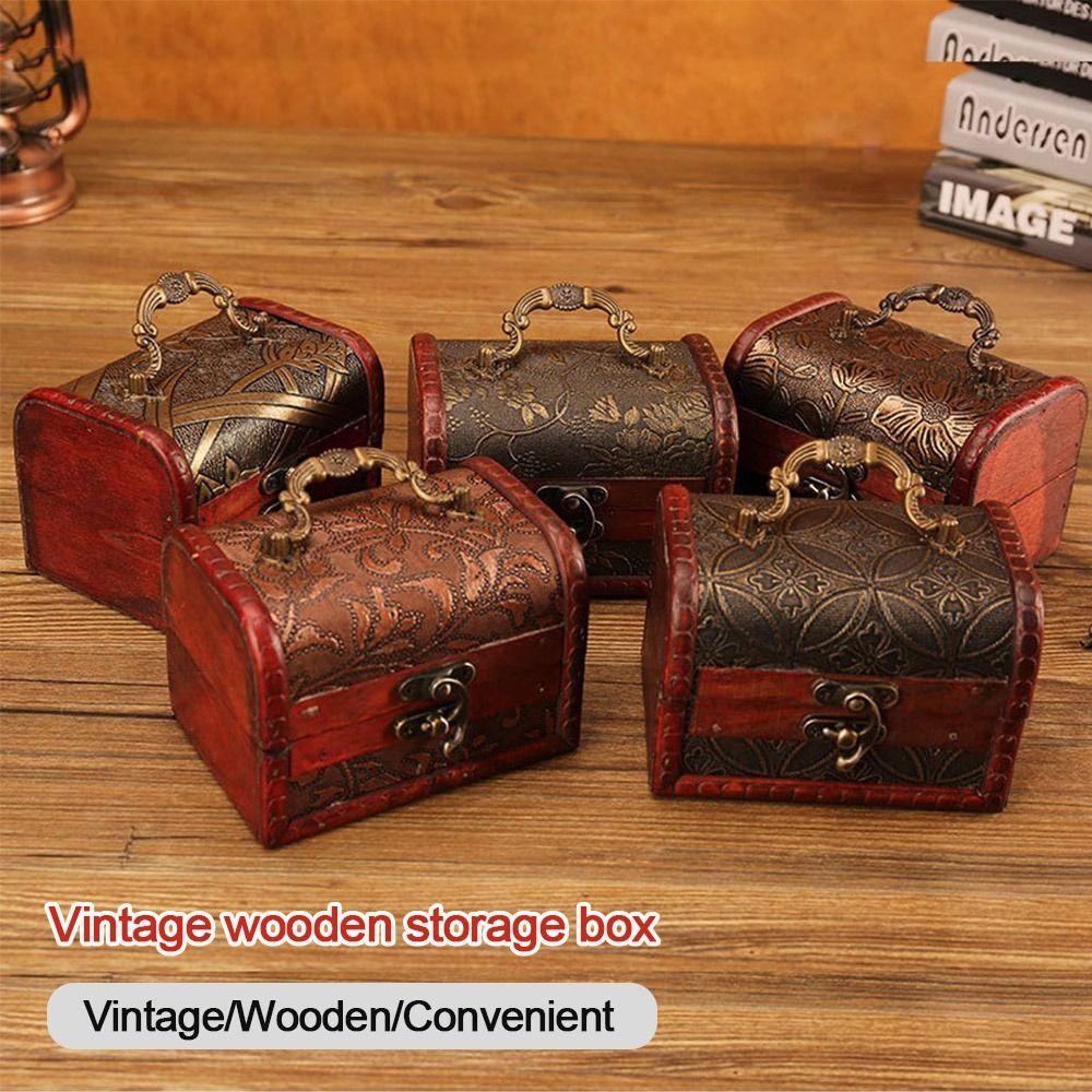 Vintage Treasure Chest Mini Trinket Box Portable Wooden Jewelry Box Cosmetics Organizer