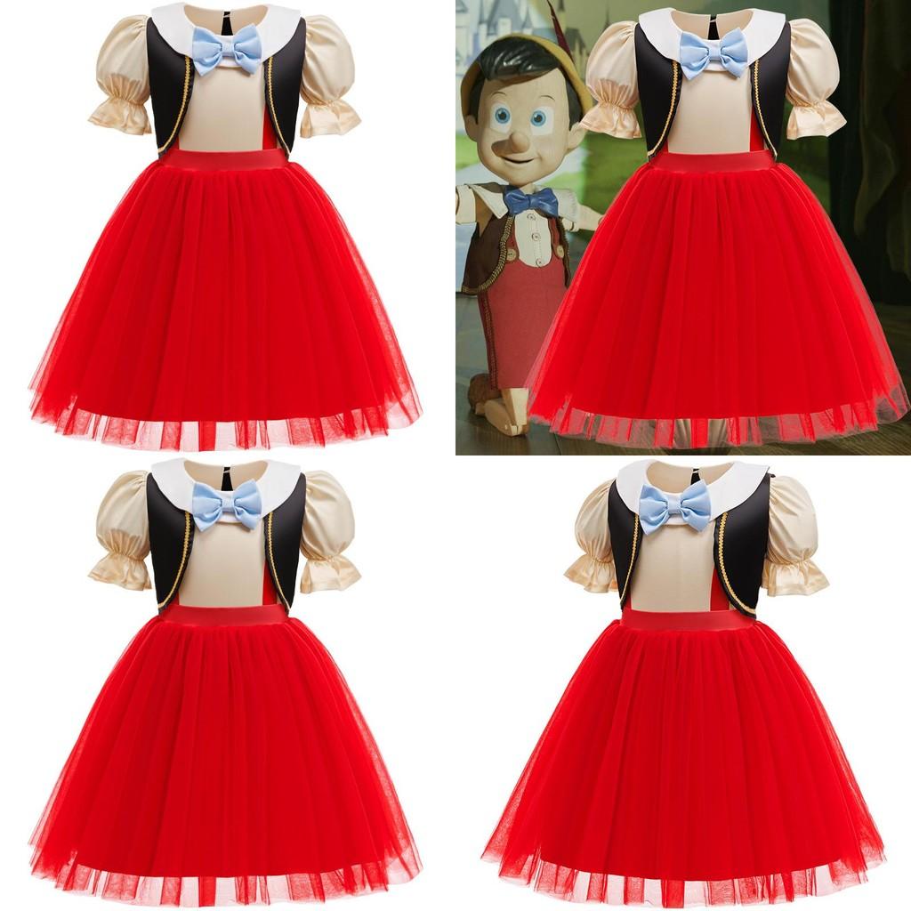 Vestito Principessa Bambina Pinocchio con Design a Patchwork e Materiale in Poliestere per Occasioni Formali e Recital