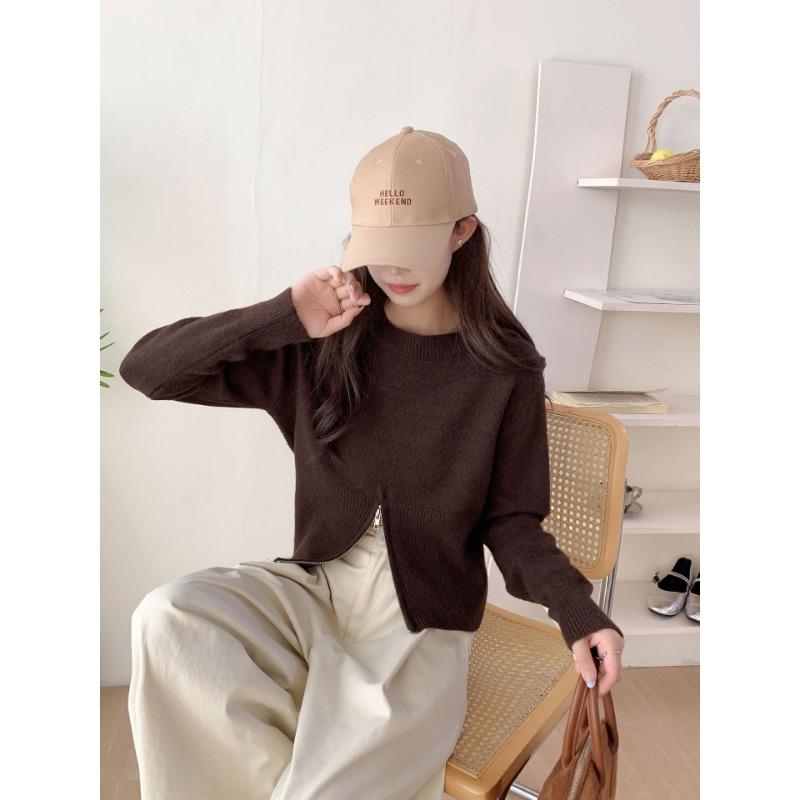 Autumn and winter new round neck long-sleeved soft waxy hem split design sense small pullover femininity casual top outer wear