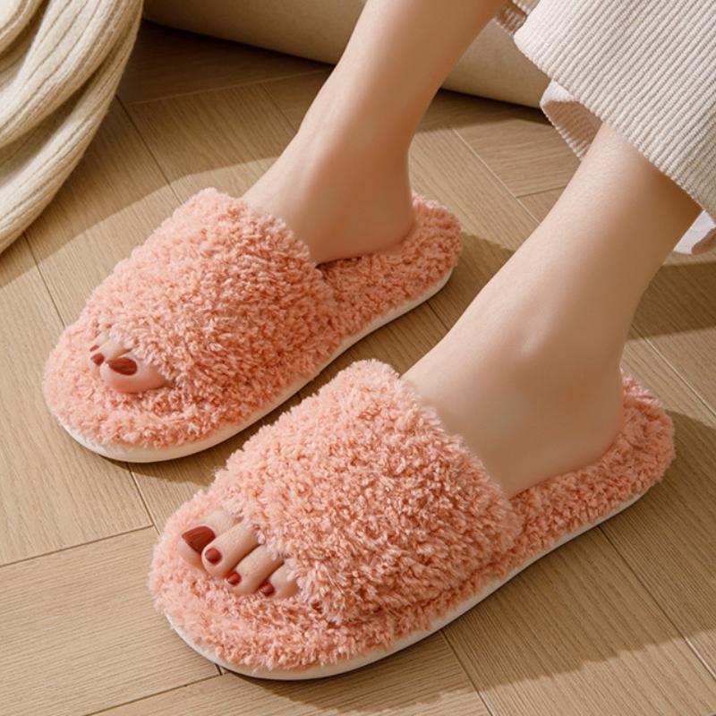 Ins Curly Opening Plush Cotton Slippers for Women At Home Indoor Plush Slippers