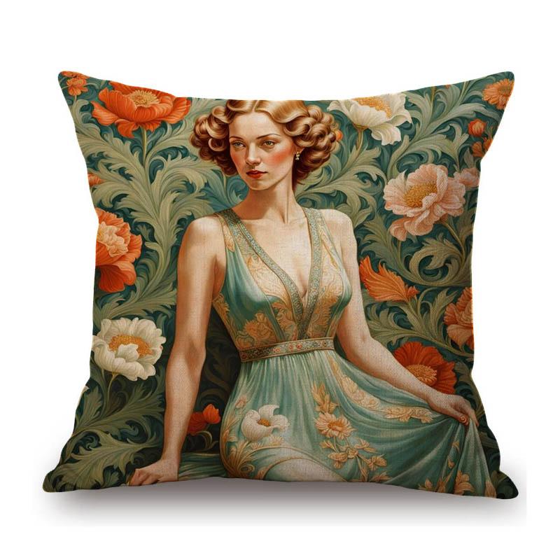 Renaissance Retro William Morris Style Beautiful Lady Girl Flower Floral Classic Home Decoration Sofa Pillow Case Cushion Cover