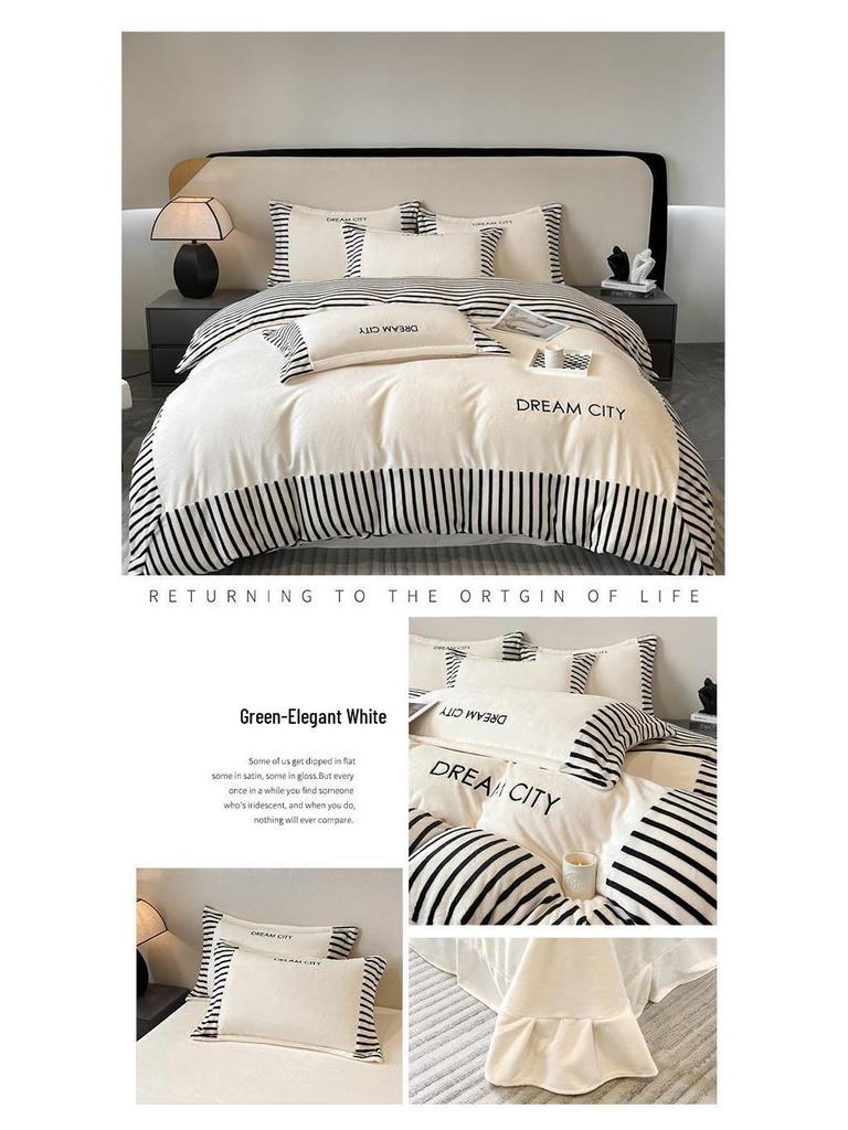 Luxurious Embroidered Milk Velvet 4-Piece Bedding Set - Winter Double-Sided Flannel with Thick Duvet and Coral Fleece Sheets