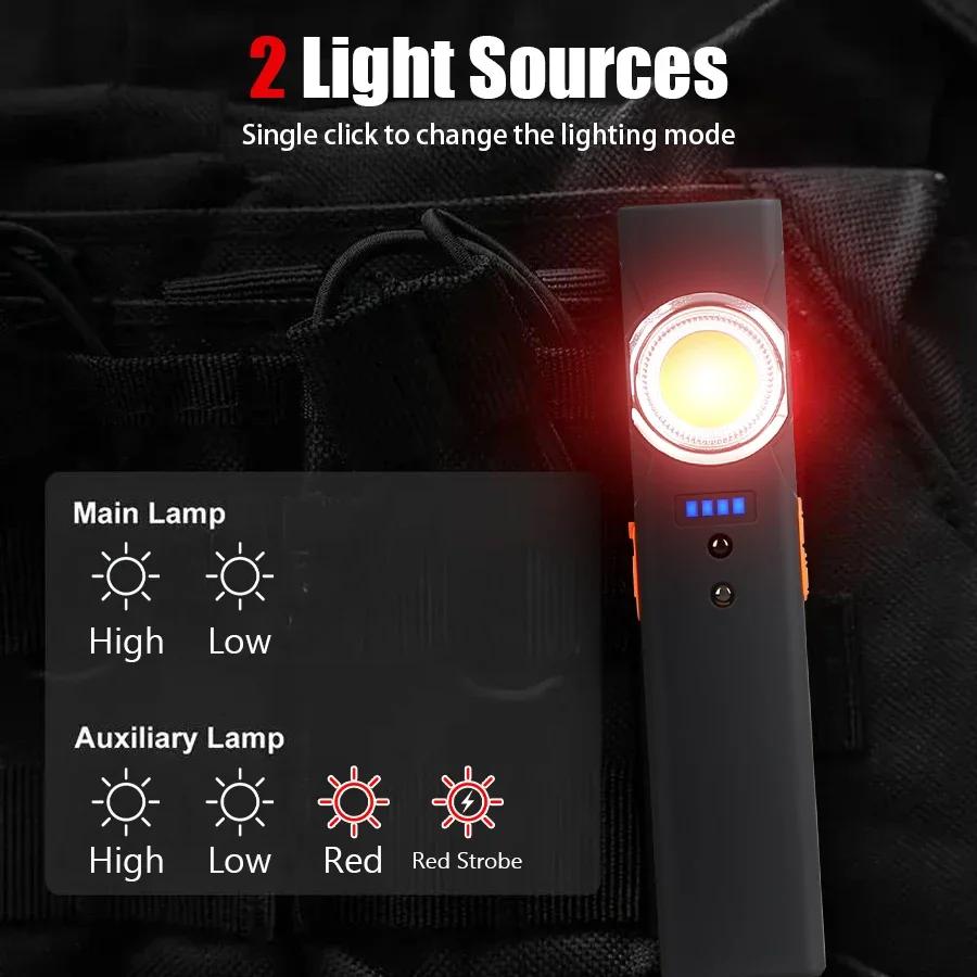 Magnetic Dual Light Flashlight 600 LM Rechargeable Torch, 6 Modes Portable Work Lamp for Job Site/Emergency/Camping/Outdoor Use