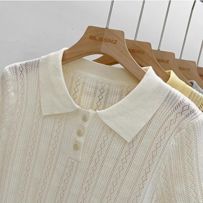 Solid Knitted T-shirts Hollow Out Thin Spring Summer Sweet T Shirt for Women Korean Elegant Top