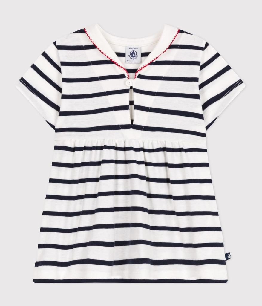 Petit Bateau Short Sleeve Dress Size 18 81cm A0CNZ, Off-White/Navy, Months,