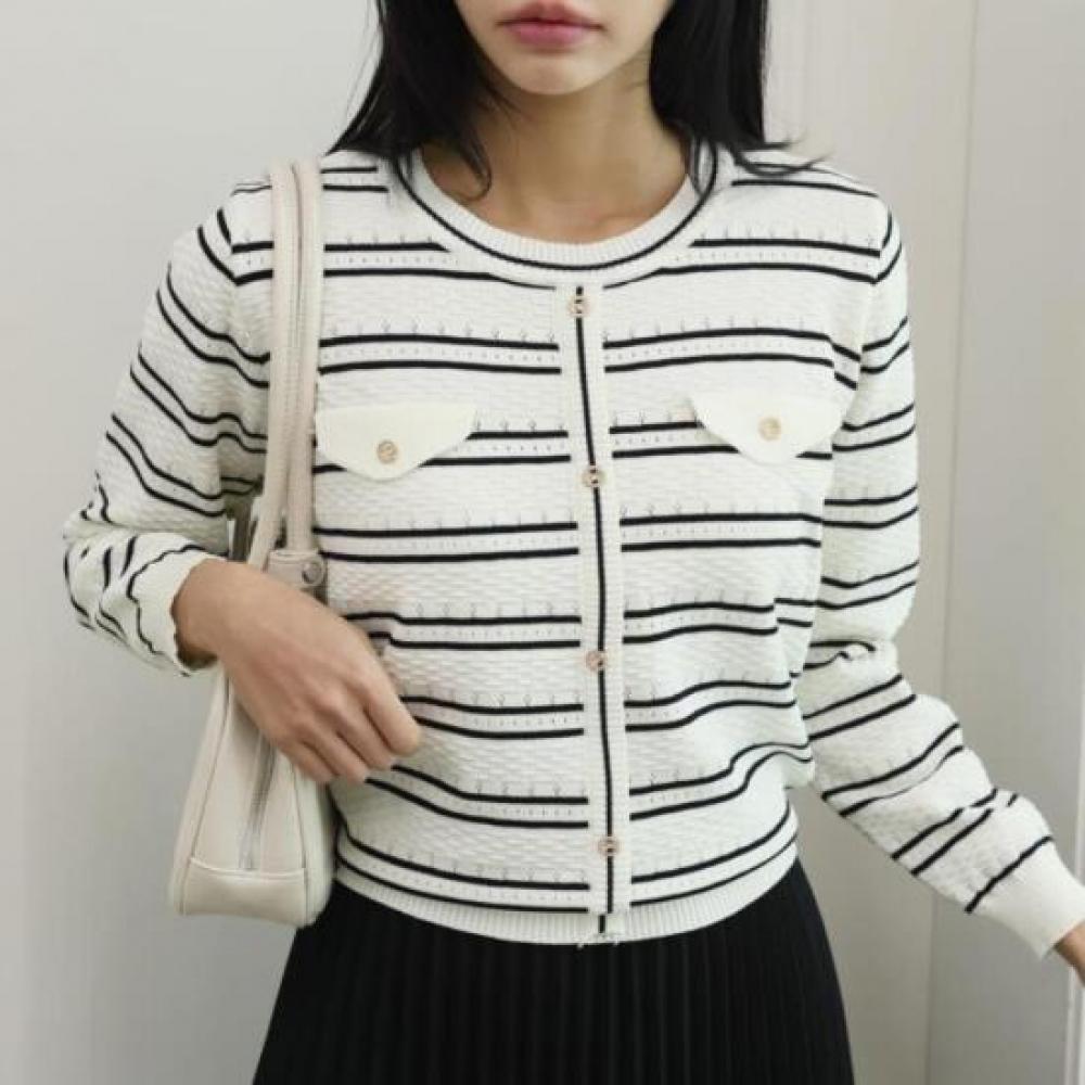 New Arrivals Open Run Women Round Neck Cubic Button Striped Long Sleeve Pullover